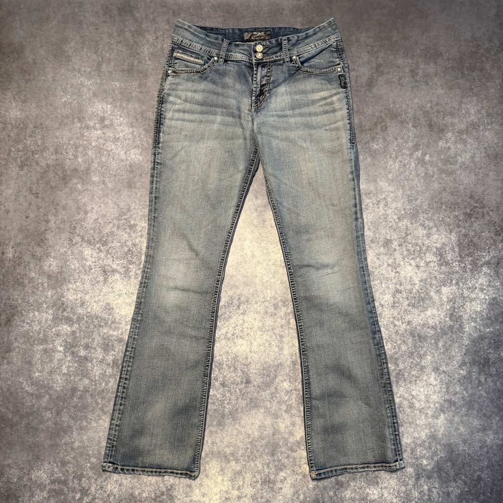 Silver Jeans Co Suki Flap Low Rise Bootcut Jeans Blue W29 L34 Distressed Hem